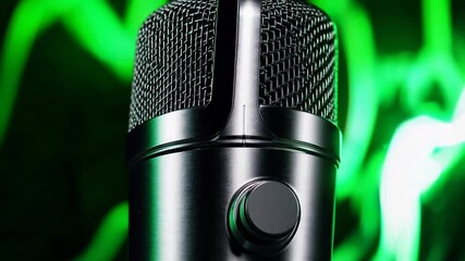 Vocal Recording Equipment Illuminated Against Vibrant Green Glowing Backdrop for Multimedia Use