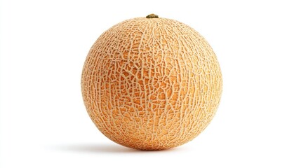 Full, ripe cantaloupe with textured skin, casting soft shadow on white