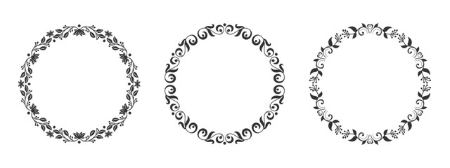 Elegant outline circular frame set. Round ornate border. Floral loop decorative edge. Vintage contour lace ring. Ornamental detailed wreath shape. Retro filigree vignette. Copy space symmetric emblem