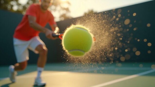 Tennis player serving with sunset court.