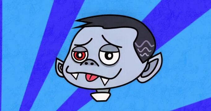 Purple shifting to blue stripes at frame three, vampire head bobbing, blinking enhancing mood