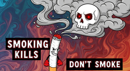 Cartoon cigarette with skull and smoke, warning against smoking.