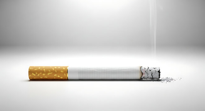 A single cigarette, lit and smoking, on a plain white surface, highlighting the act of smoking.