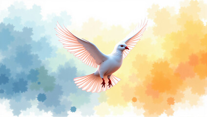 Watercolor White Dove in Flight with Colorful Abstract Background