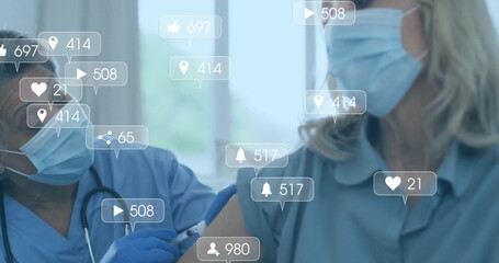 Nurse giving injection to patient in clinic, with syringe gloves masks social icons, copy space