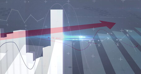 Rising red arrow moving upward through white 3D bar charts in analytics dashboard, with wavy line