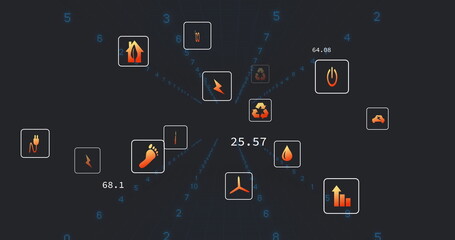 Displaying central wind turbine icon floating in grid tunnel, with orange metrics and blue data