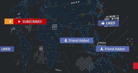 Displaying digital map UI showing hexagon clusters with nodes, lines, SUBSCRIBED and LIKED banners
