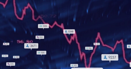 Displaying red line graph fluctuating on blue dashboard with data bubbles showing icons and numbers