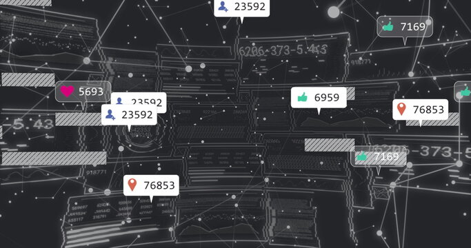 Displaying abstract digital network graphic in virtual dashboard, with social media metric widgets