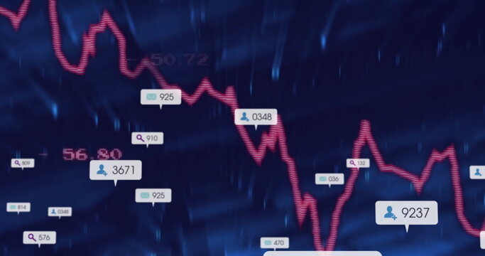 Displaying red line graph fluctuating on blue dashboard with data bubbles showing icons and numbers
