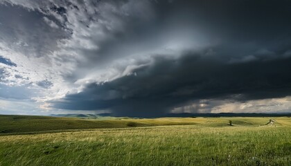 Obraz premium ominous dark storm clouds gather over vast grassy plains swirling dramatic