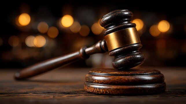 A close-up of a gavel on a wooden block symbolizing ustice and law, set agains a blurred background of sft golden lights.