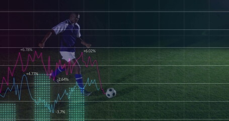 Striking soccer player in blue kit kicking ball on grass pitch, with digital chart overlays