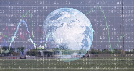 Hovering translucent 3D Earth globe above runway and hangars, with binary code and chart overlays
