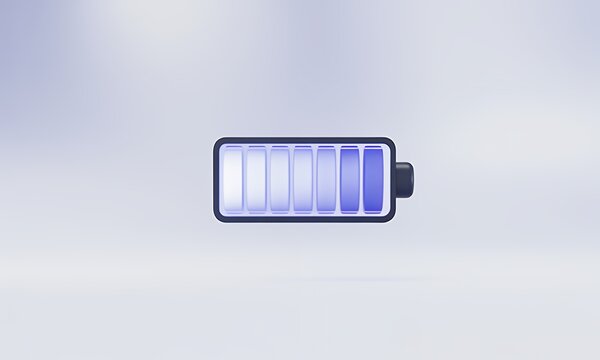A 3D rendered illustration of a battery icon displaying a charging status with segmented bars indicating power levels.