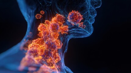 3D medical visualization of mumps virus causing parotid gland enlargement illuminated orange inflammation under skin.