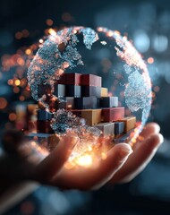 Global shipping, hand holds glowing earth with cargo containers