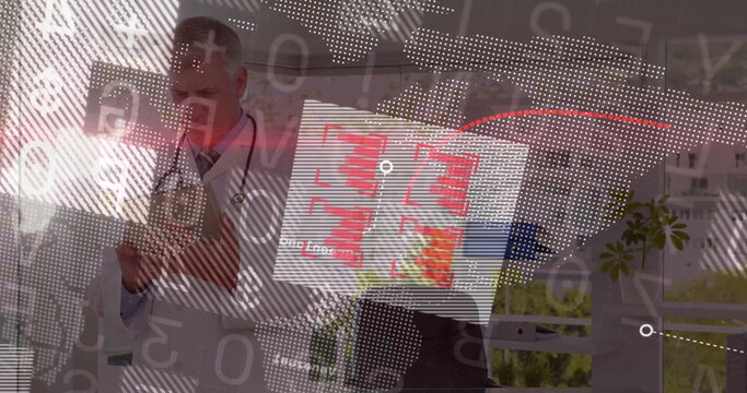 Holding tablet senior doctor examining world map charts in clinic with stethoscope and potted plant - Powered by Adobe