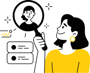 Woman holding magnifying glass looking at a portrait with list and chart illustration