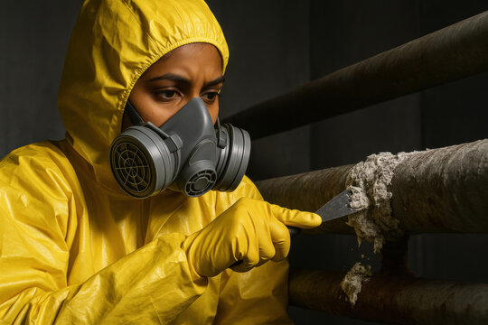 professional worker in hazmat suit and respirator carefully removing hazardous asbestos material from metal pipes in industrial setting