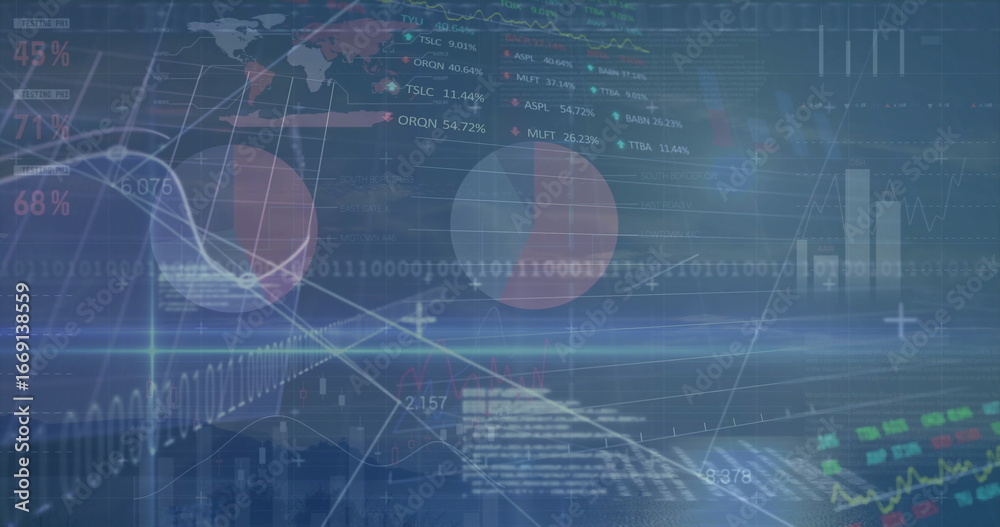 Wall mural showing dashboard overlay on screen featuring world map, charts, binary code and percentage labels