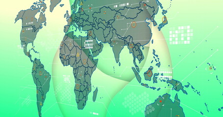 Obraz premium Digital world map graphic displaying hex grid, data nodes and ribbon overlays in virtual interface