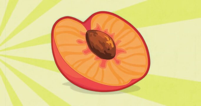 On start, cartoon peach half pivoting back-and-forth, showcasing thickness and edge profile
