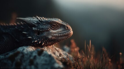 Lizard resting on a rock in a natural outdoor environment with blurred background.