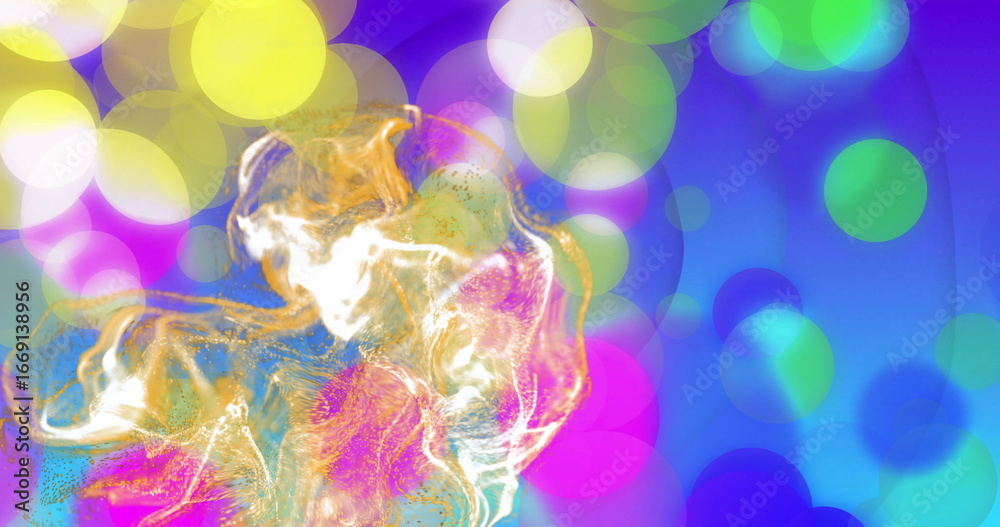 Wall mural swirling multicolored fluid form floating on left of digital background, glowing bokeh, copy space