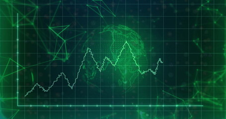 Displaying neon green line graph pulsating across virtual analytics dashboard, with wireframe globe