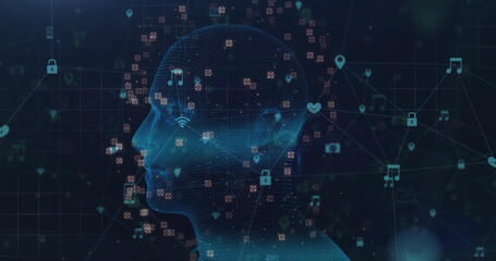 Obraz premium Showing wireframe head streaming data flow in virtual network, with padlock camera and Wi-Fi icons