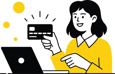 A woman holding a credit card while pointing at a laptop for online shopping transaction concept art