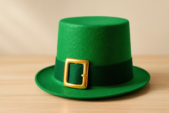 leprechaun green hat with gold buckle on wooden table, classic festive accessory for st patrick's day celebration and decor