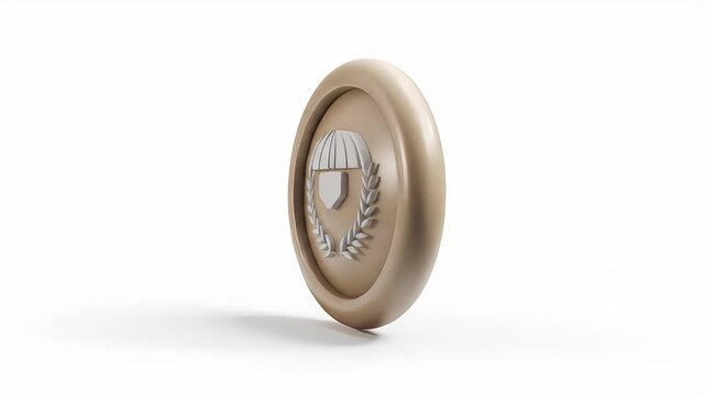 Elegant 3D Animated Emblem: Rotating Beige Medallion with Laurel Wreath and Parachute Icon