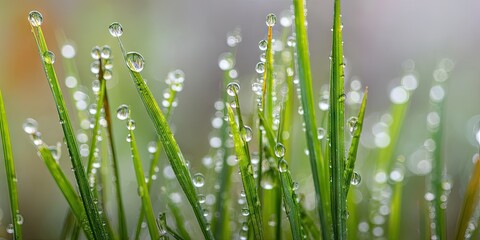 Obraz premium Delicate blades of grass, glistening with morning dew, create a serene and refreshing scene.