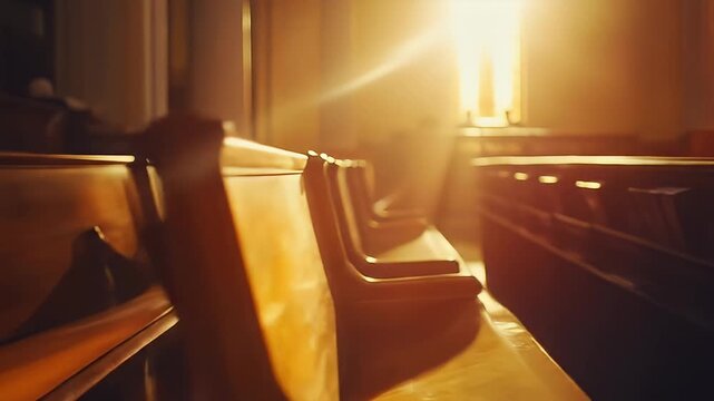 Interior view of church with rows of wooden pews bathed in golden sunlight illuminating architecture