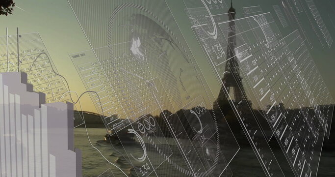 Displaying digital charts and gauges over Seine at dusk, with Eiffel Tower silhouette, copy space - Powered by Adobe
