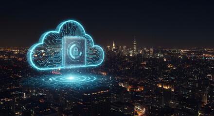Secure Cloud Data Storage over Cityscape, Digital Technology Concept