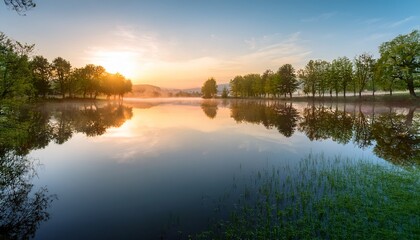 Obraz premium tranquil sunrise over lake reflection of trees in water nature landscape