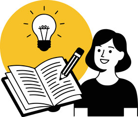 Illustration of a woman writing in a book with a lightbulb idea concept on a yellow background