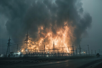 Massive explosion and fire inside power plant electrical transformer station with dramatic storm clouds and dangerous lightning strikes