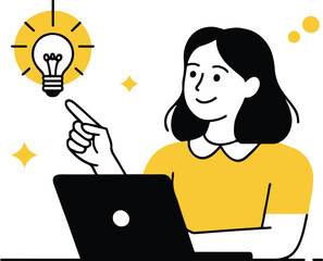 Woman pointing at lightbulb icon next to a laptop showing creative idea generation concept vector art