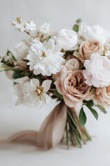 Delicate bridal bouquet with white and blush flowers tied with a soft ribbon