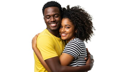 Young Black Couple Embracing Happily Together Isolated on Transparent Background with Warm Smiles