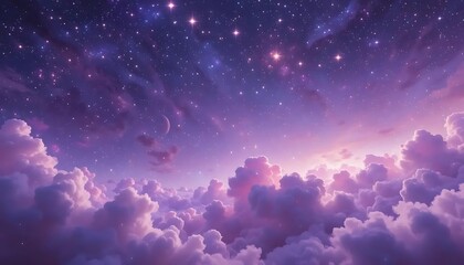 Fototapeta premium Dreamy purple sky with fluffy clouds and twinkling stars at night