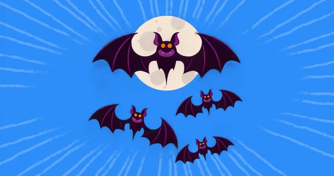 Moon appearing triggers purple bat extending wings and flapping with smaller bats forming loop