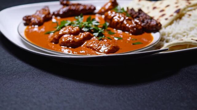 Aromatic and vibrant assortment of traditional spiced stews including marinated grilled meats and slow-cooked specialties served alongside flatbread and grains on moody atmospheric setting