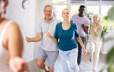 Group of multiethnic mature active people dancing social dance movements in studio