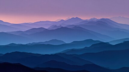 Naklejka premium Blue Mountain Layers A Serene and Majestic Vista Featuring Shades of Lavender in the Sky Above the Mountain Ranges